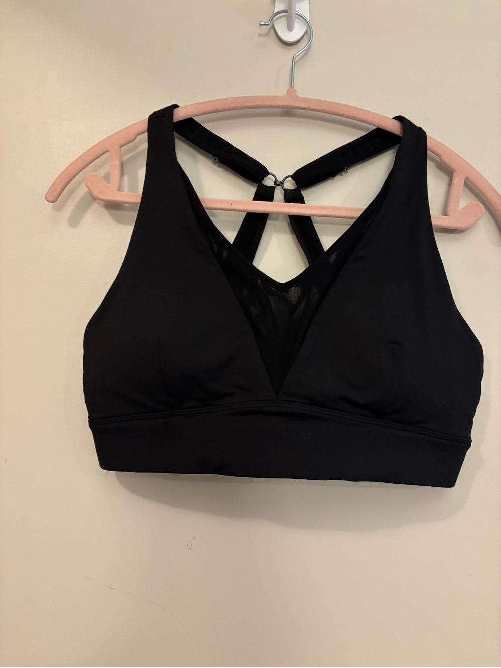 Active USA Black Sports Bra with Mesh V-Neck and Strappy Back